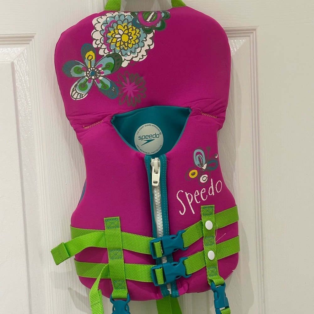 Infant Speedo Pink Swim Vest with Lime Green Straps and Teal Accents